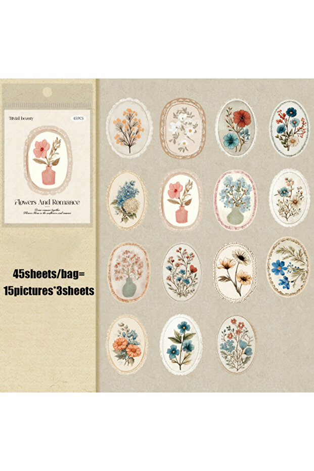 S30138-6 Mr. Paper 45pcs Serene Florals Sticker Pack - Boxed Flower Theme Collection, DIY Journal Co