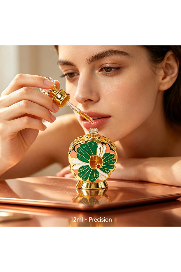 12ml Luxury Essential Oil Bottle with Golden Arab Frame, Rhinestone Decoration & Crystal Stopper. Refillable Empty Perfume Container, Ideal for Attar, Oud & Fragrance Storage. Perfect Gift Giving.