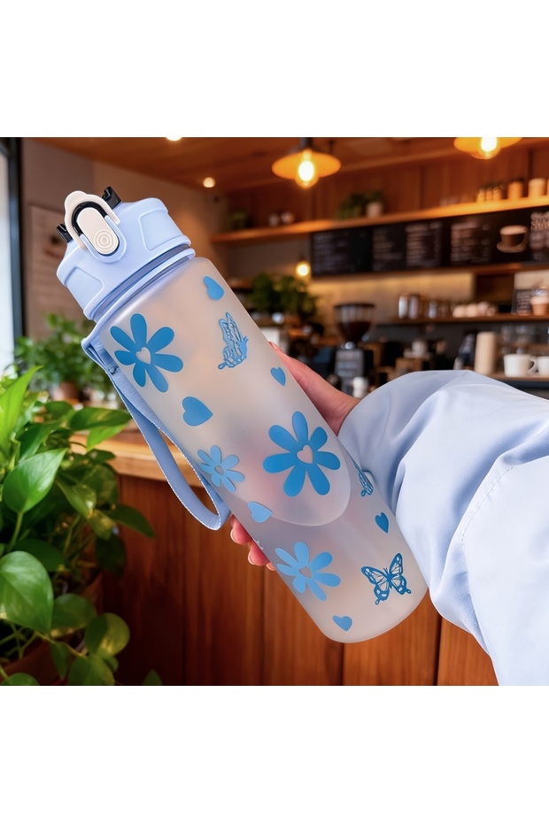 750ML Blue Water Bottle with Full Print of Flowers and Bowknot Patterns, Trendy & Stylish, Lightweig