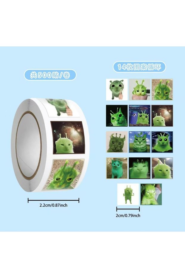 AA 500PCS Alien Cat Roll Stickers, Self-Adhesive DIY Sealing Stickers for Journal Notebook Luggage D