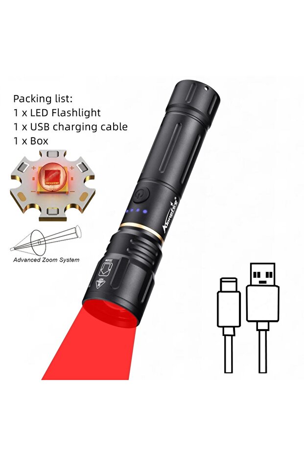 مصباح يدوي LED عالي الطاقة باللون الأسود والأبيض من Alonefire مع ضوء أحمر قابل لإعادة الشحن عبر USB مصنوع من الألومنيوم للتخييم