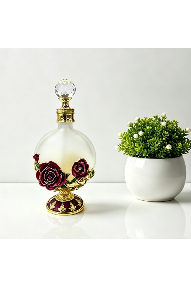 30ml Luxury Frosted Glass Fragrance Oil Bottle with Exquisite Metal Rose Decor & Crystal Stopper. Decorative Attar Perfume Dispenser for Essential Oud Oils, Elegant Home Decor & Gift Idea.
