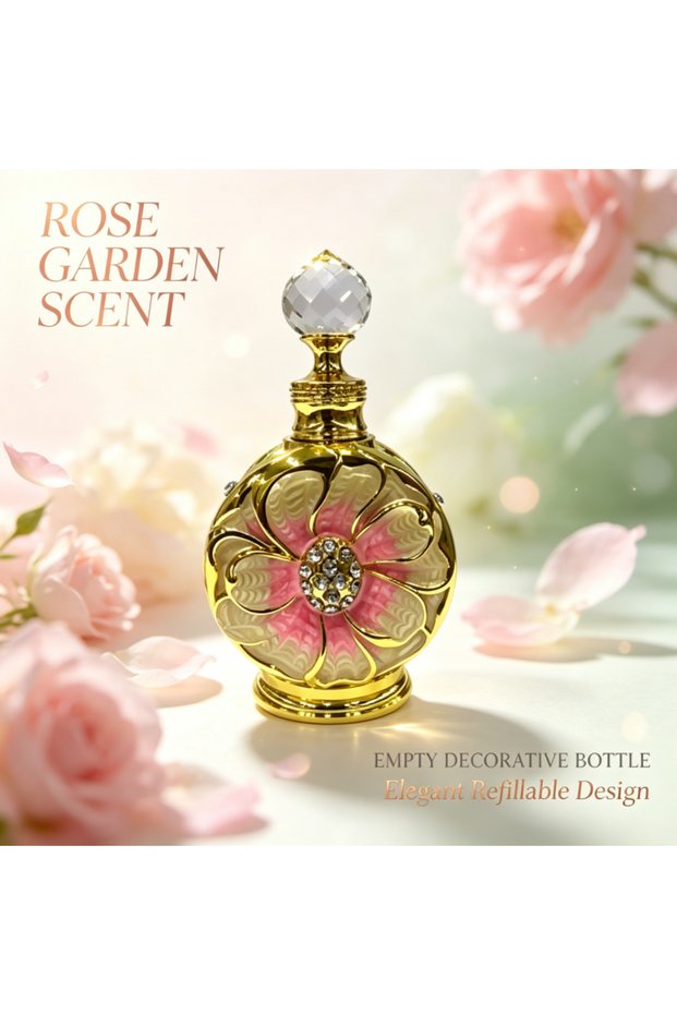 Luxury 12ml Golden Floral Perfume Oil Bottle with Crystal Top and Rhinestone Inlaid Center. Empty Glass Vial, Refillable Dispenser for Arabian Attar & Essential Oils, Travel Safe.