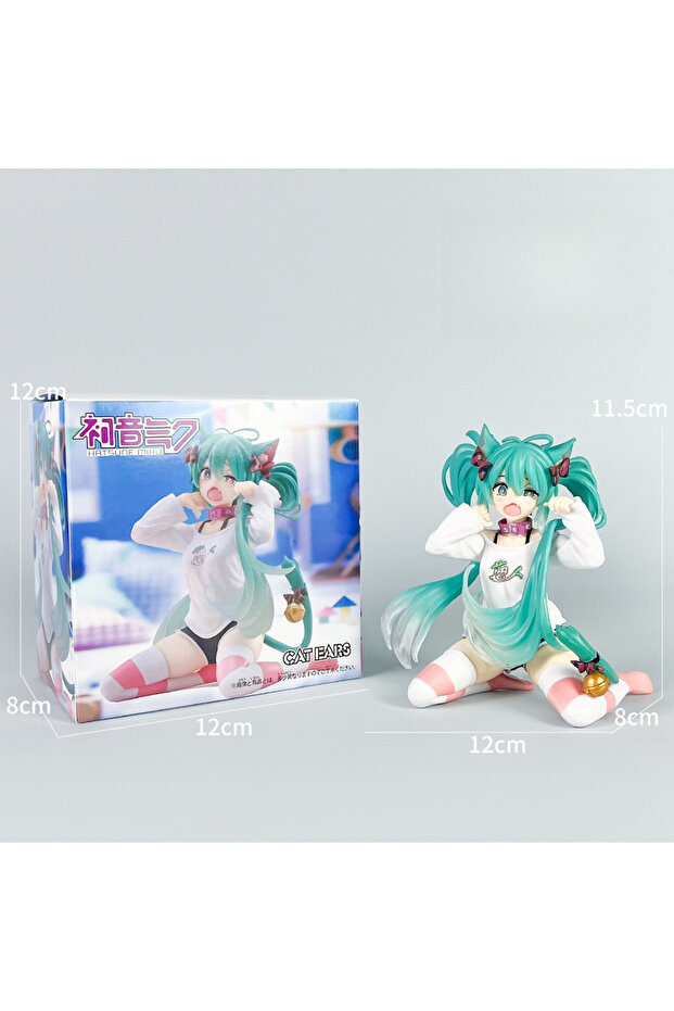 Bandai Boxed Hatsune Miku Model Anime Girl Figures Cat Ear Sitting Posture Short Sleeved Pajamas Fig