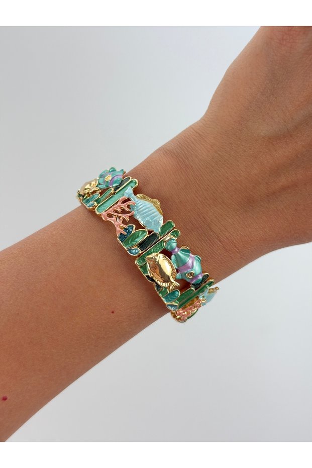 Fish Coral Detailed Aquarium Design Elastic Bracelet Marine Themed Bracelet