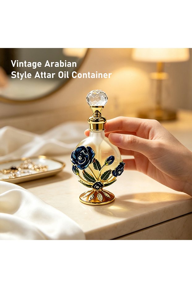 10ml Elegant Attar & Oud Perfume Oil Bottle, Frosted Glass with Metal Base & Enamel Rose Decor, Crystal Stopper, Vintage Refillable Vessel, Premium Middle Eastern Home Decor & Gift Choice.