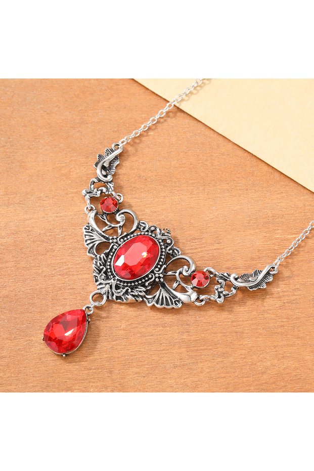Steel color Vintage Gothic Symmetrical Scroll Ginkgo Leaf Women's Drop Necklace with Red Artificial