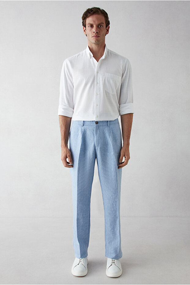 Straight Wide Leg Pleated Side Pocket 100% Linen Trousers