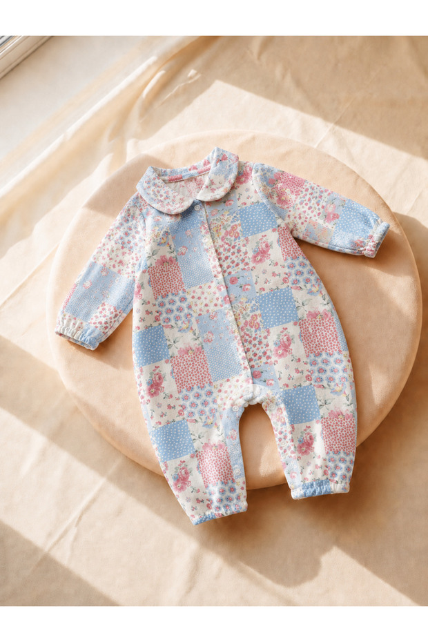 Gots Certified Fabric 100% Cotton Muslin Baby Girl Romper 3-6-9-12 Months Patchwork with Snap Fasteners at the Bottom