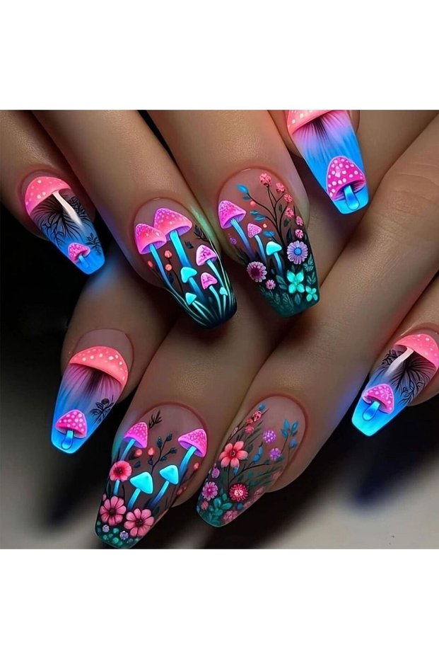 1750 Medium fake naisl for women girls Y2K gradient blue pink butterfly mushroom flora for spring su