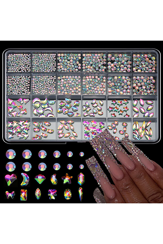 06 Mixed AB 1Box White Champagne AB Rhinestone Nail Art Decorations Gothic Style Multi-Size Flat Rhi