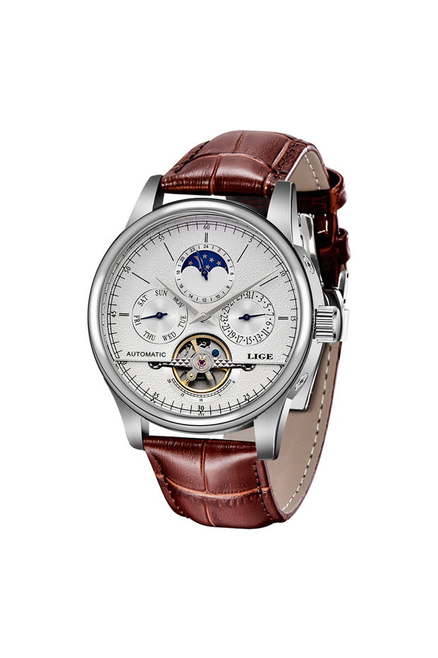LIGE Silver white LIGE Brand Classic Mens Retro Watches Automatic Mechanical Watch Tourbillon Clock