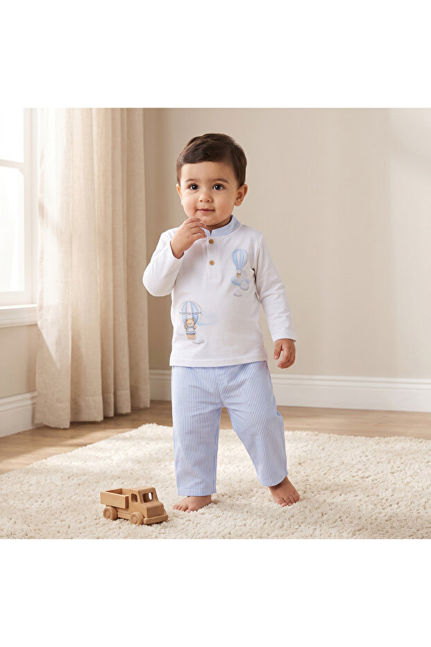 Cotton Mandarin Collar Long Sleeve Pyjama Set with Print