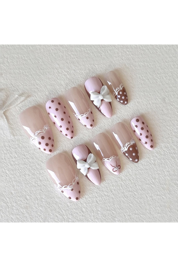 24pcs 24Pcs False Nails Pink Brown Polka Dot Lace Lace French Press on False Nails Bow Pearl Wearabl