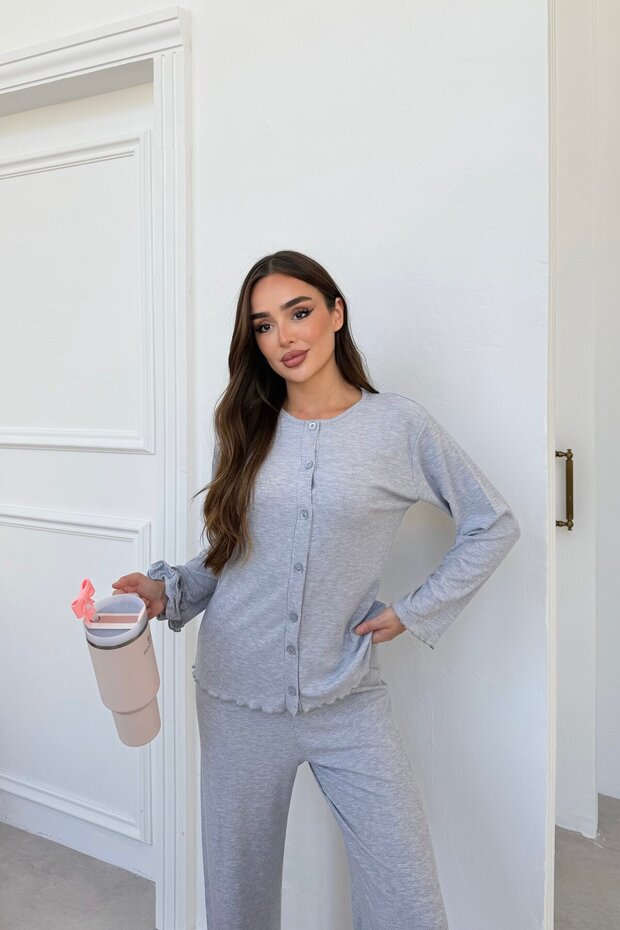 Gray Corduroy Pajama Set with Front Buttons
