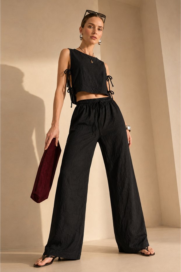 Women's Side Tie Crop Blouse & Elastic Waist Wide Leg Pants Two Piece Set