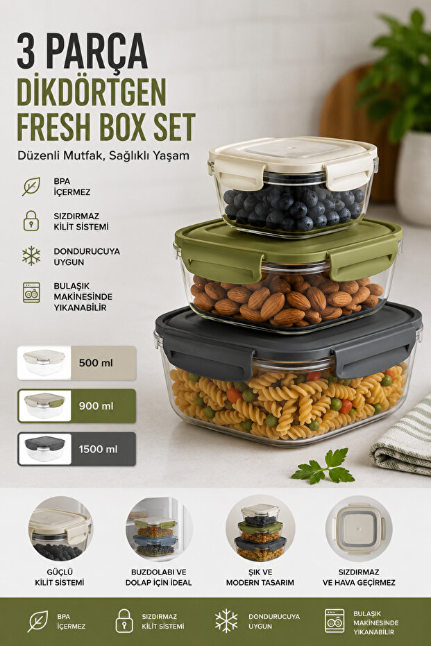 3-Piece Rectangular Fresh Box Storage Container Set 500-900-1500 ml Leak-Proof Food Storage Container with Locking Lid