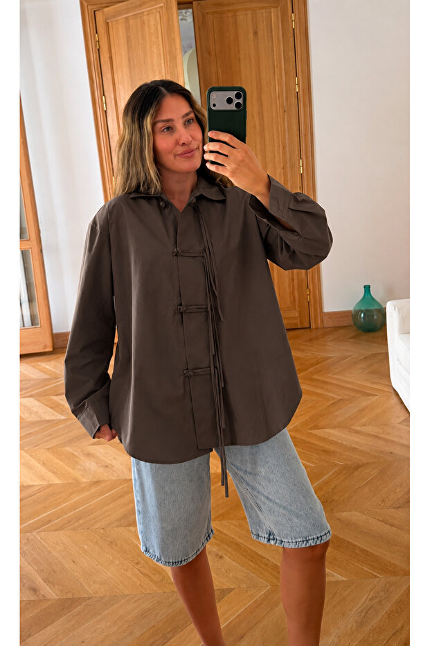 Brown Oversize Japanese Button Detailed Shirt - 5124