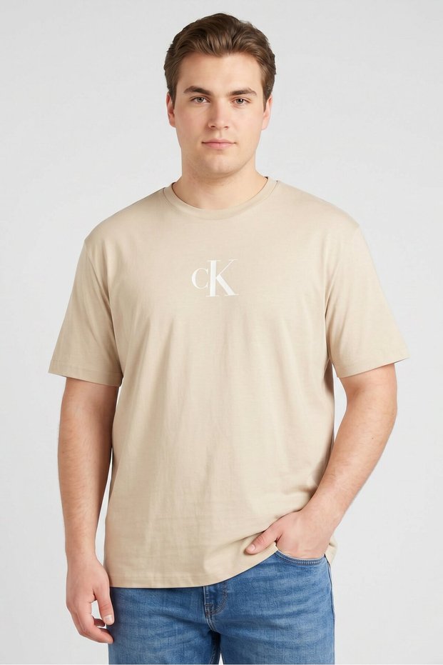 Jeans Men Crew Neck Short Sleeve Brand Logo T-Shirt, Beige