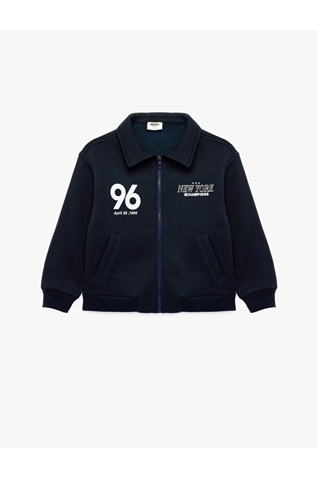 Printed Polo Collar Zippered Bomber Jacket with Raised Long Sleeves