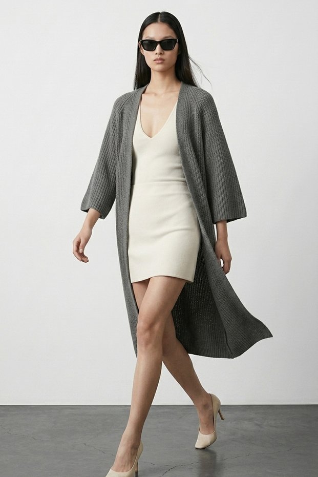 Morf Soft Textured Comfortable Fit Fakir Sleeve Slit Detailed Long Knitwear Women's Cardigan & Jacket & Hijab Cardigan - Smoked