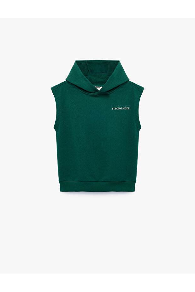 Three Thread Printed Oversize Hooded Sleeveless Sweatshirt