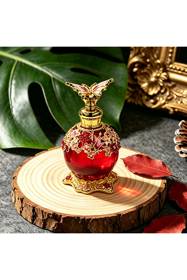 Luxury 25ml Glass Essential Oil Bottle with Butterfly Design, Perfume Container with Enamel Floral Metal Accents, Empty Refillable Decorative Bottle for Home, Office, Aromatherapy Decor.
