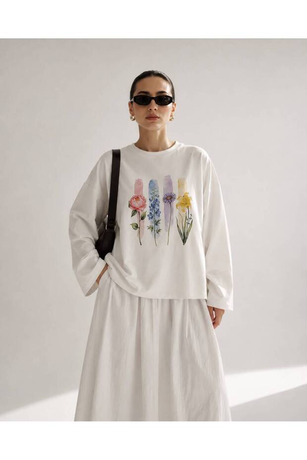 White Botanical Printed Long Sleeve T-Shirt Suitable for Hijab