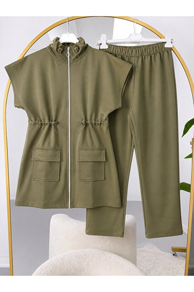 Women's Waist Drawstring Vest and Hijab Pants Set Khaki
