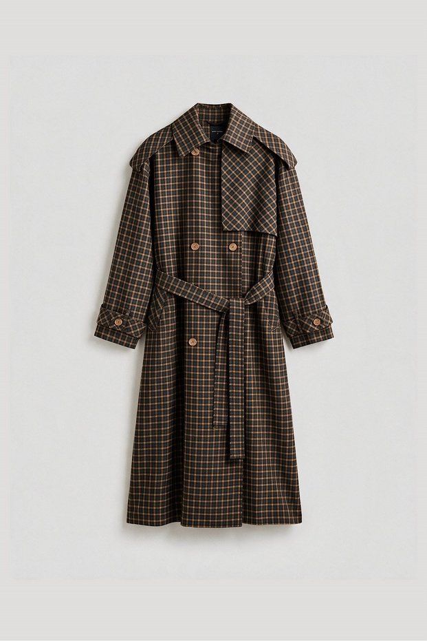 Women's Brown Plaid Detailed Premium Trench Coat