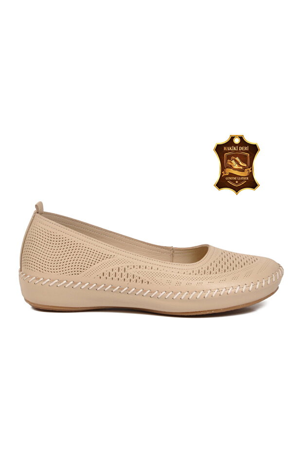 Beige Genuine Leather Perforated Women's Casual Shoes