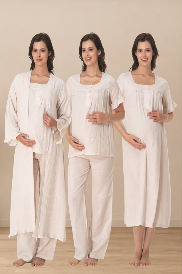Effortt Muslin Fabric Maternity Nightgown, Dressing Gown and Pajama Set 3086