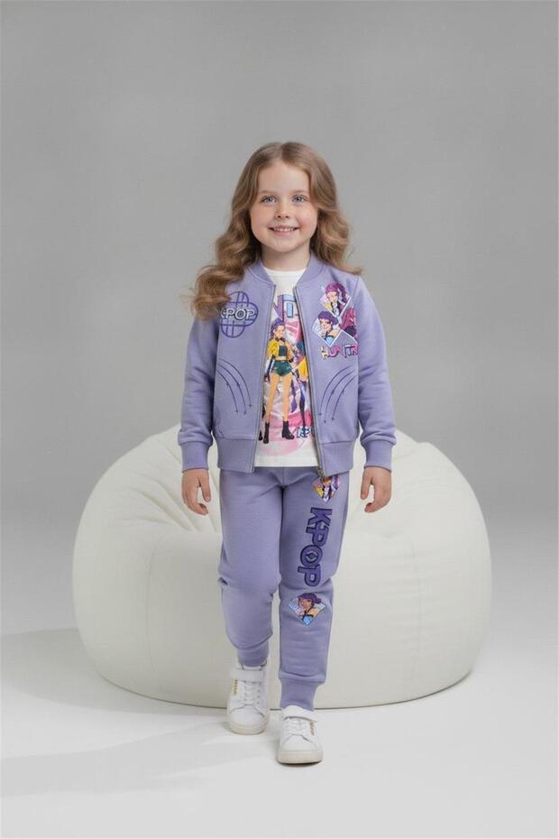 Character Printed Combed Cotton Jacket - Combed Cotton Sweatshirt - Combed Cotton Pants Girls' 3-Piece Set 261010