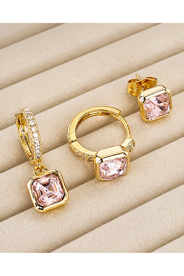 Gold Color Stone Detailed Vip 3-Piece Steel Earring Set