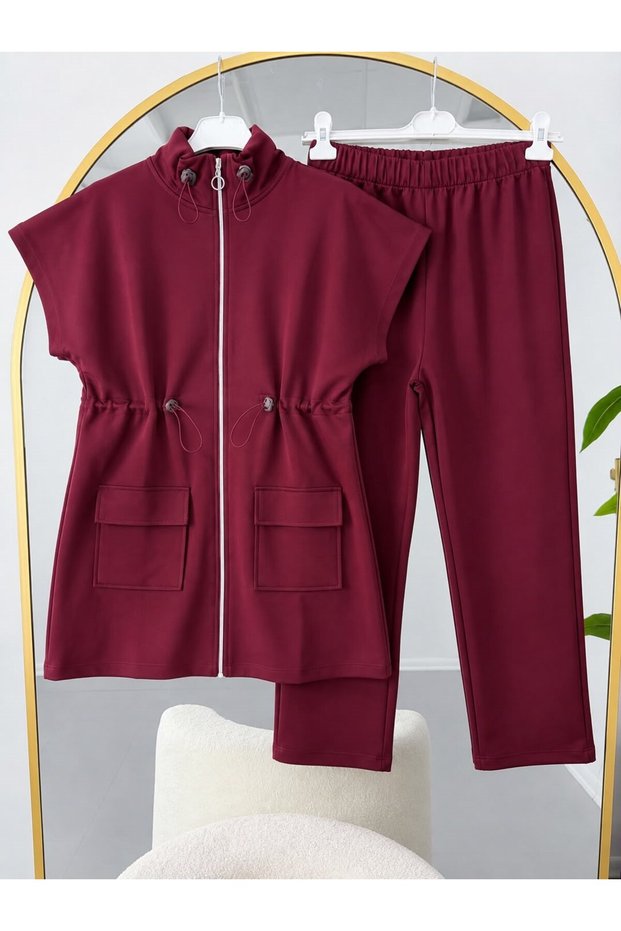 Women's Waist Drawstring Vest and Hijab Pants Set in Burgundy