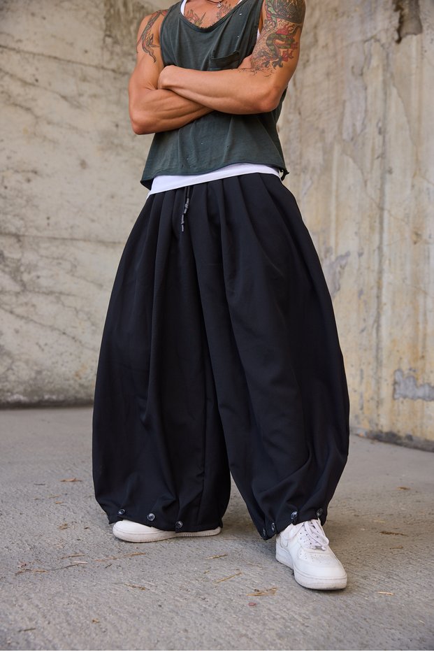 Men's Loose Shalwar Trousers with Elastic Waist and Button Detail on the Leg