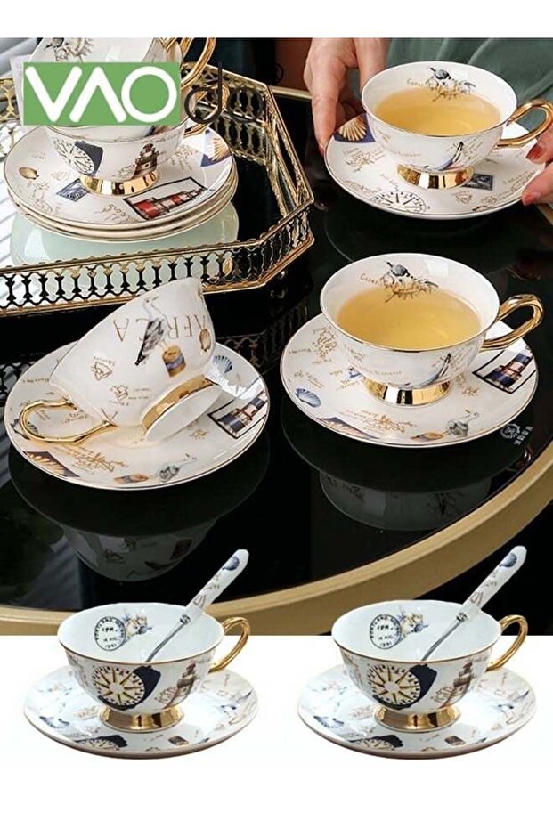 2PCS Coffee and Saucer Set With Spoon Thin Through Bone China Hand-painted Gold Black Tea Teacup Afternoon Teacup and Saucer Spoon Set