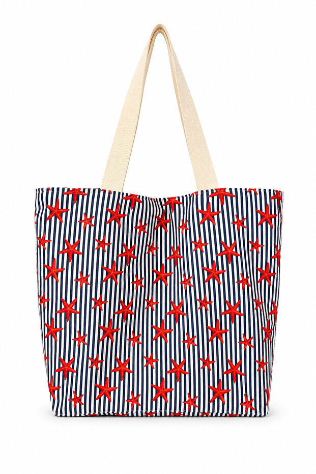 Starfish Patterned Lined Beach Bag Foldable Large Size 50X40Cm