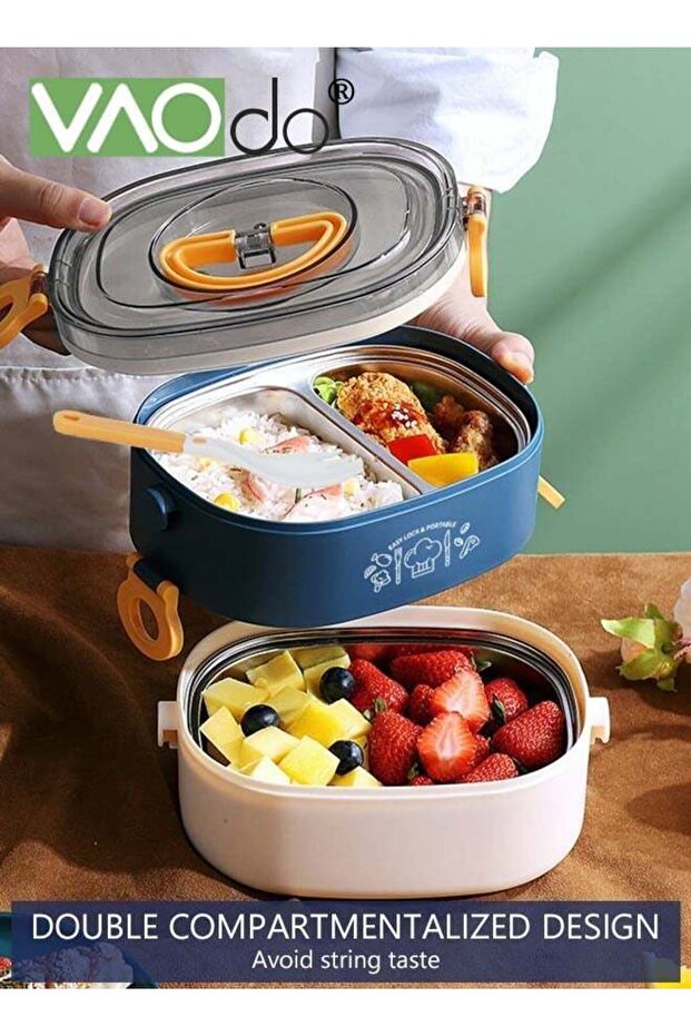 Stainless Steel Student Lunch Box Long-term Preservation Separation Leak-proof Large Capacity Stainless Steel Lunch Box With Tableware Blue