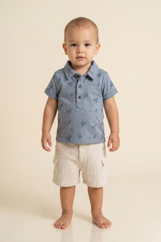 Baby Boy Polo Collar Short Sleeve T-Shirt and Pocket Shorts 2-Piece Set Summer Cotton Casual Baby Outfit