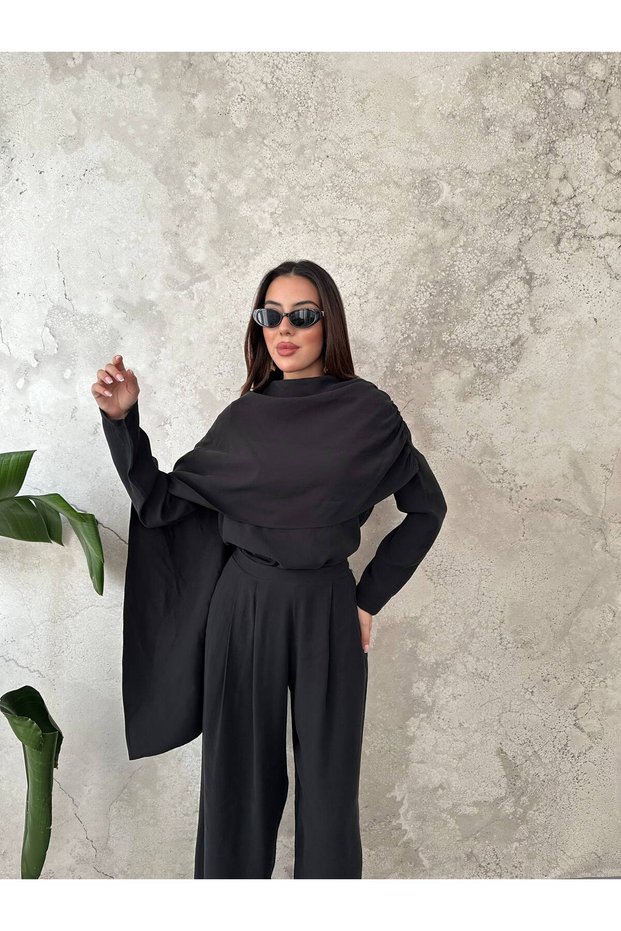 Women's Shawl Cape Detailed Long Sleeve Wide Leg Pants