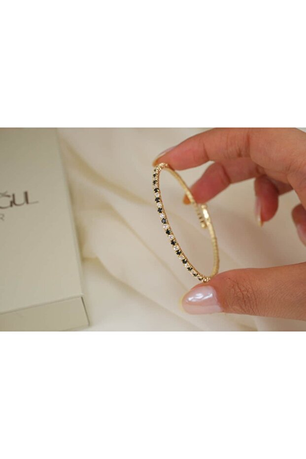 Blk663 Black and White Stone Thin Adjustable Bracelet