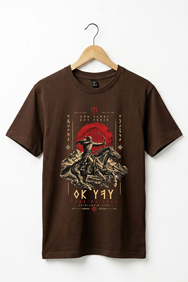 Göktürkçe Arrow and Bow Turkish Path Turkish Motif Horse Warrior Sky God Gives Kut Turkish History Printed 100% Cotton Crew Neck Basic Tshirt