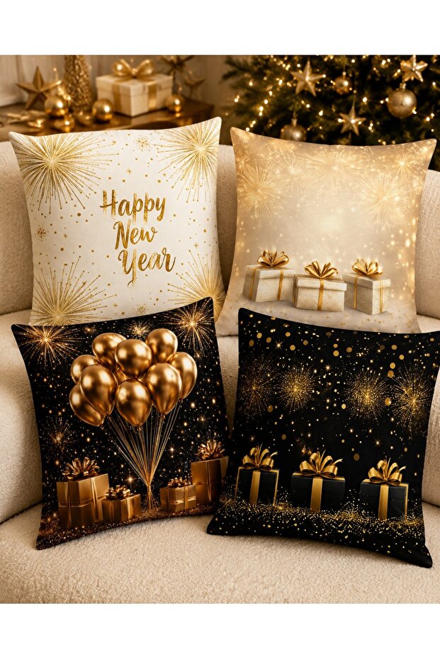 Black Gold Cream New Year's Digital Printed Decorative 4-Piece Throw Pillow Cover Set with Balloon Gift Pattern