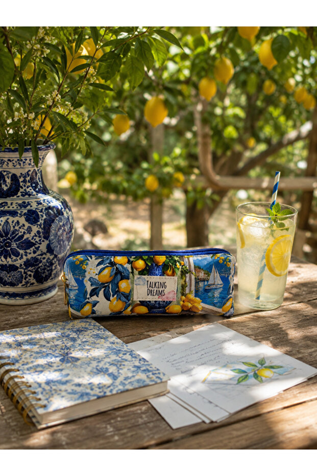 Lemon and Tile Patterned Pencil Case