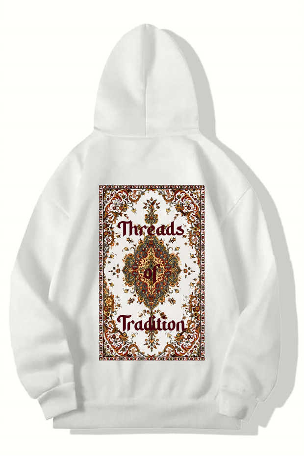 Unisex Oversize Threads of Tradition Vintage Carpet Motif Hoodie (White)