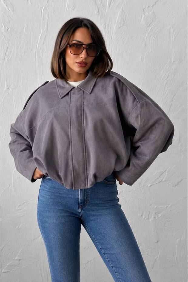 Women's Oversize Suede Bomber Jacket - Low Shoulder Gray