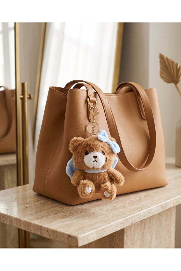 Girls Brown Teddy Bear Bag Charm With Blue Bow