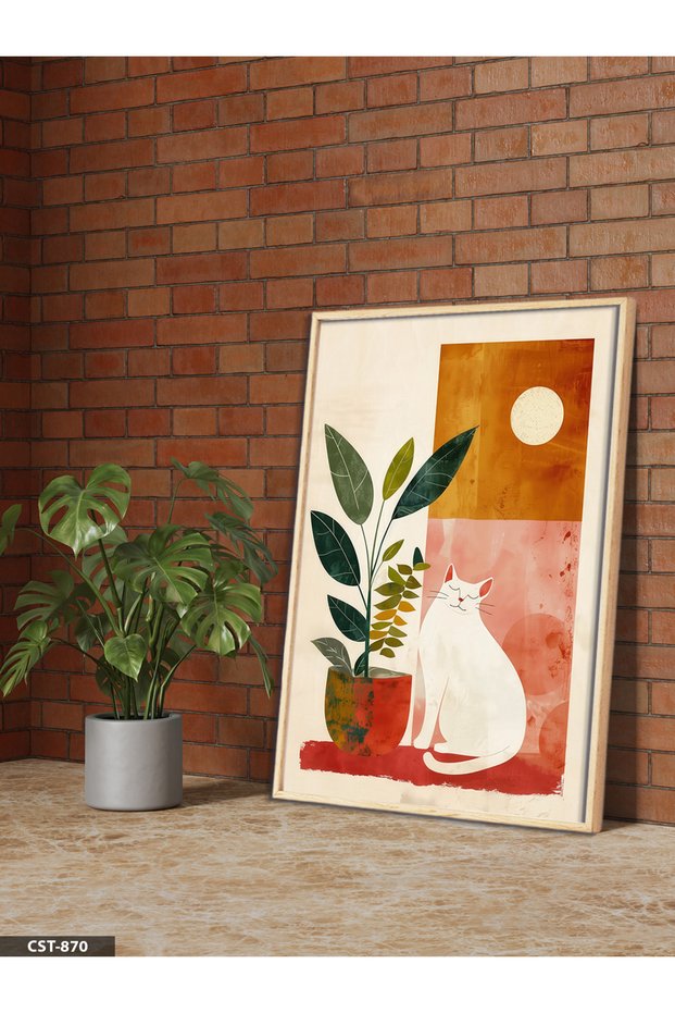 Minimalist White Cat and Plant One-Piece Wooden Framed Painting