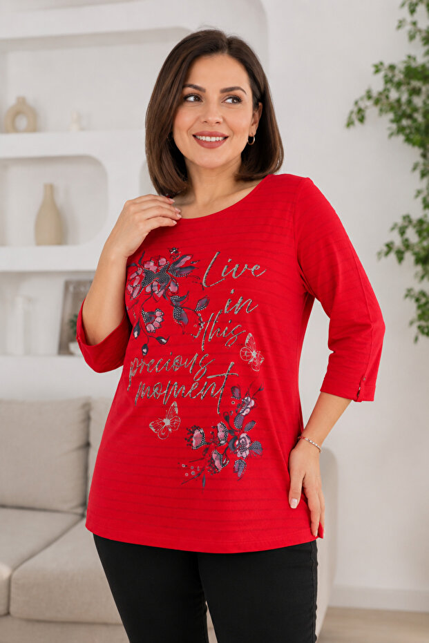 Red Front Stone Embroidered Striped Crew Neck Cotton Women's Blouse